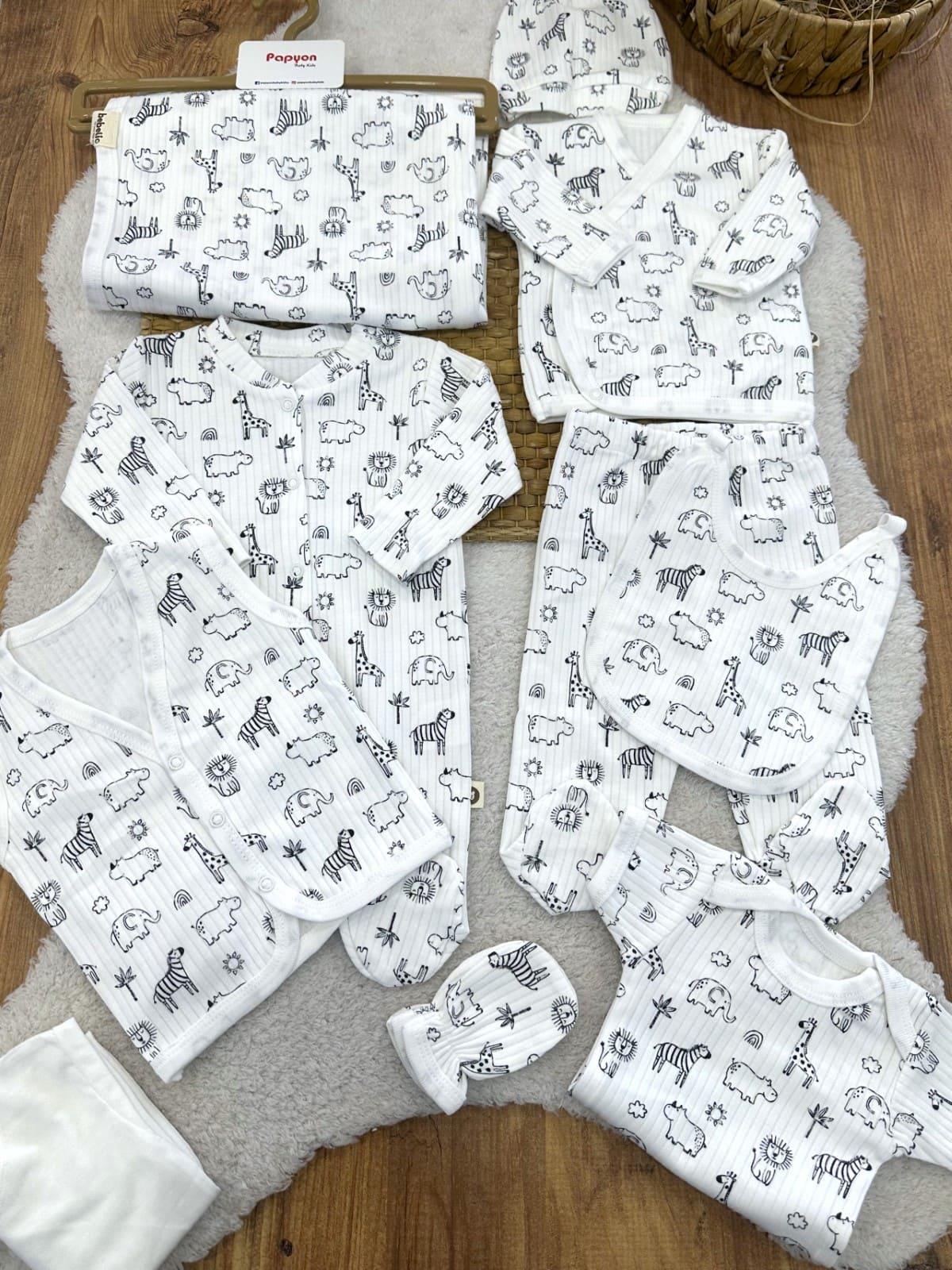 Safari Hayvanları Desenli Fitilli Yenidoğan Erkek Bebek 10lu Zıbın Set Hastane Çıkışı