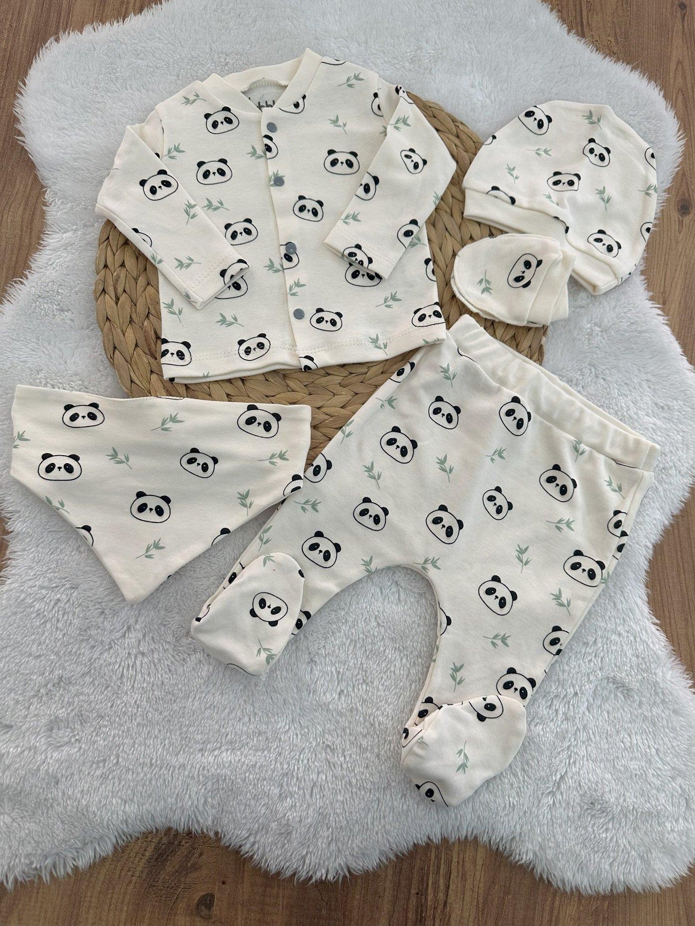 Panda Baskılı Uniseks Bebek Organik 5li Zıbın Set