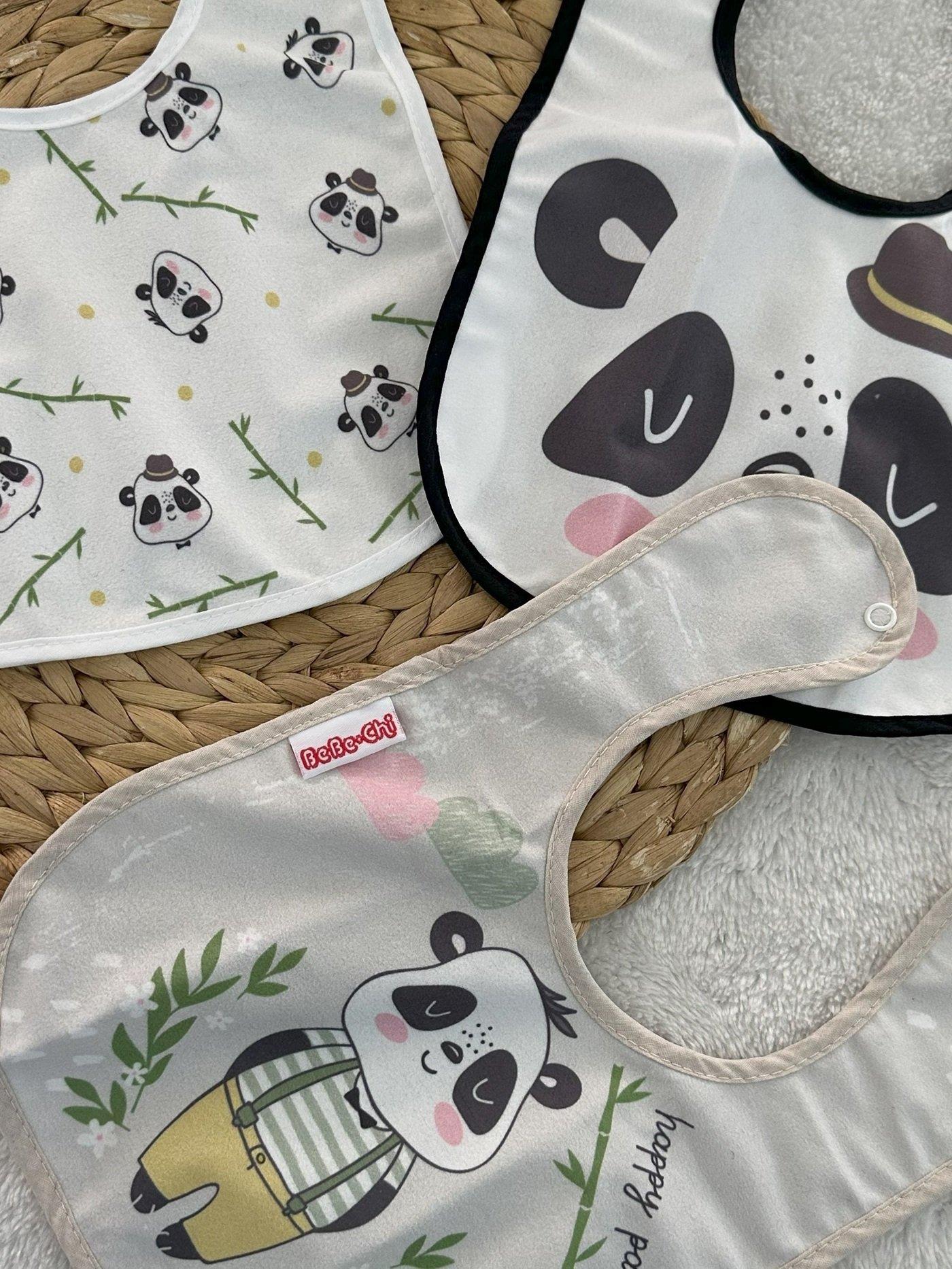 Panda Model Arkası Muşamba 3lü Bebek Mama Önlüğü