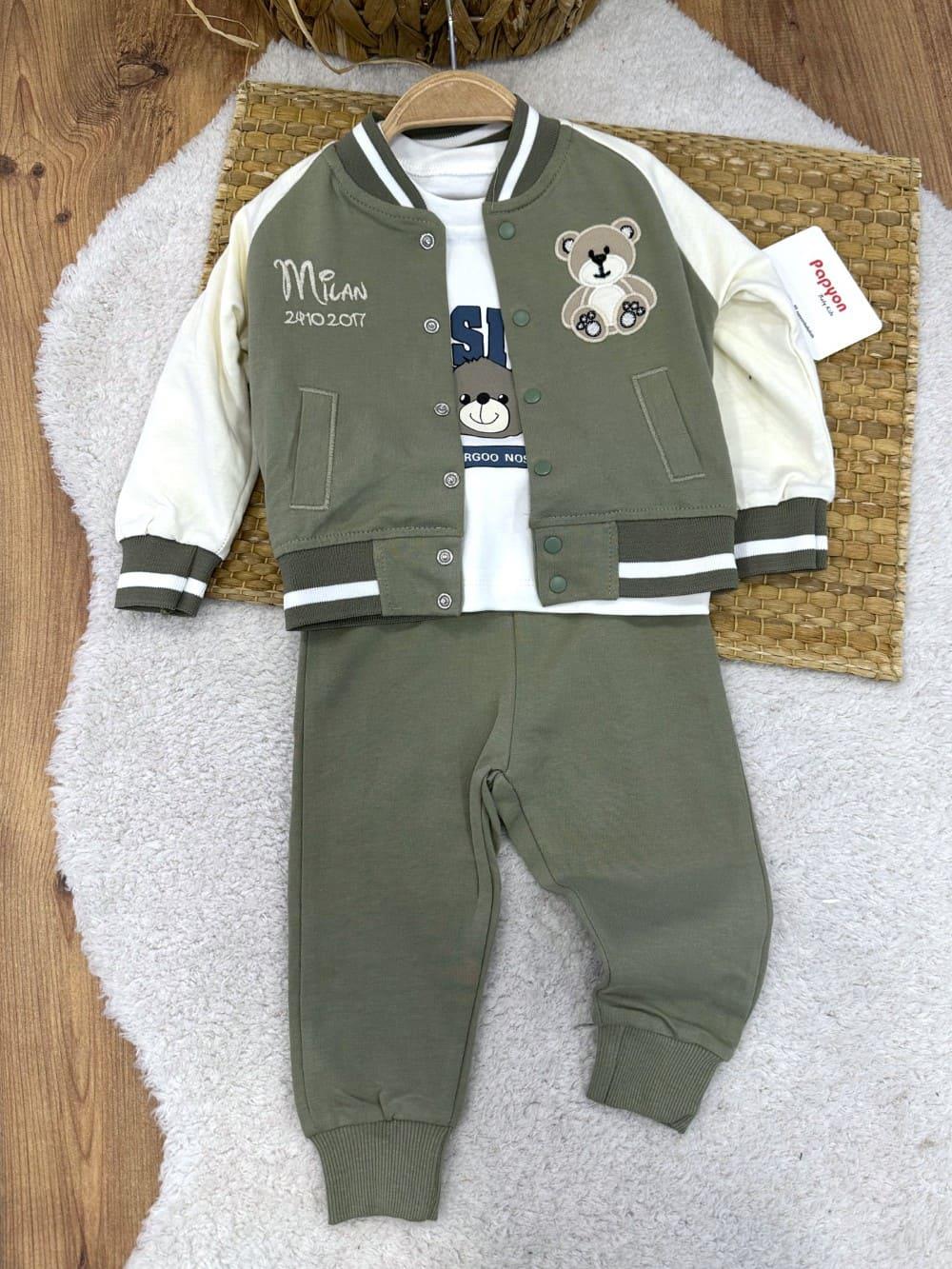 Süzene Ayıcık Nakışlı Kolej Ceketli Erkek Bebek 3lü Takım (6-9/9-12/12-18/18-24 Ay)