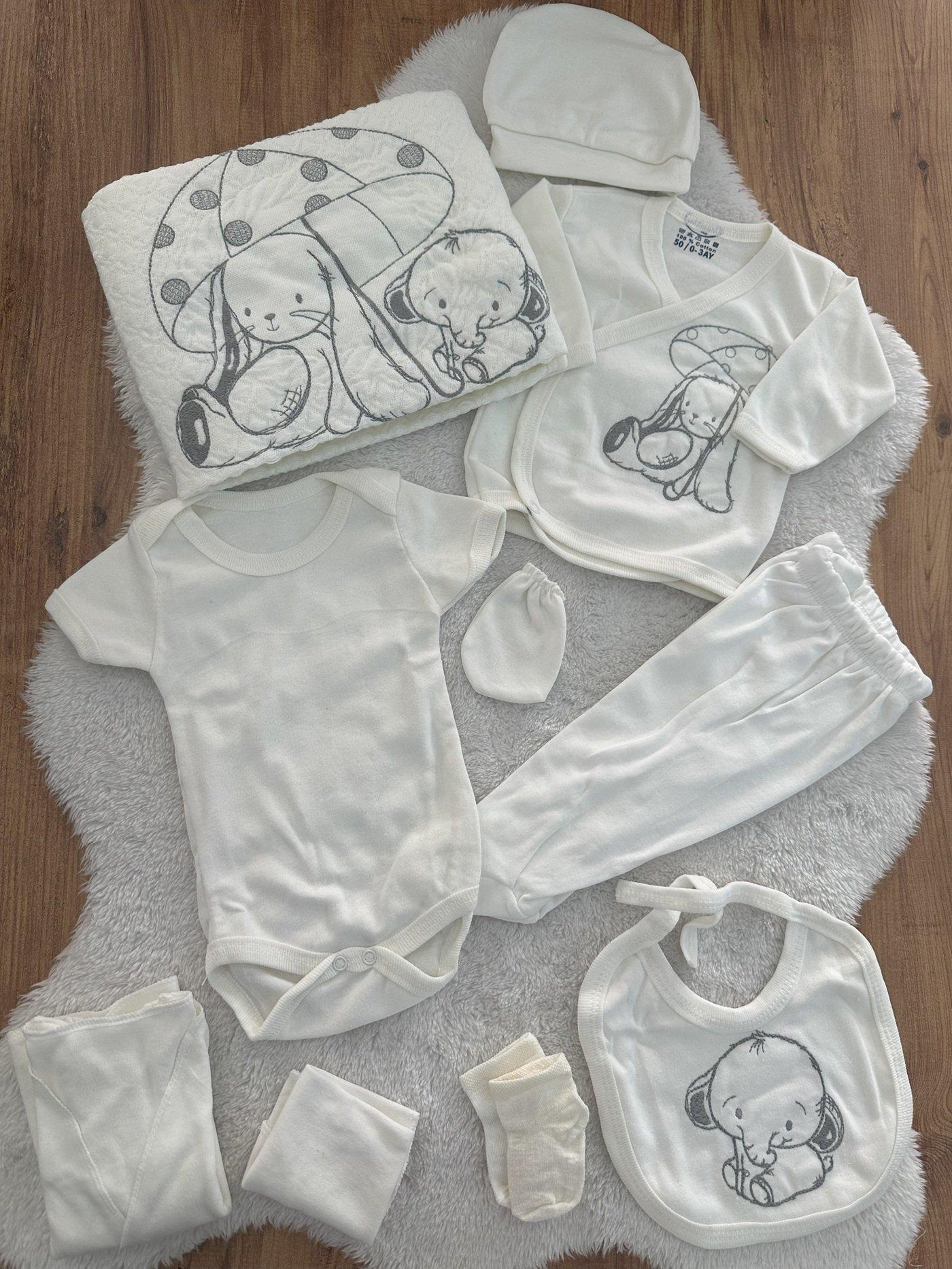 Şemsiyeli Tavşan Fil Nakışlı Unisex Bebek 10lu Hastane Çıkış Seti
