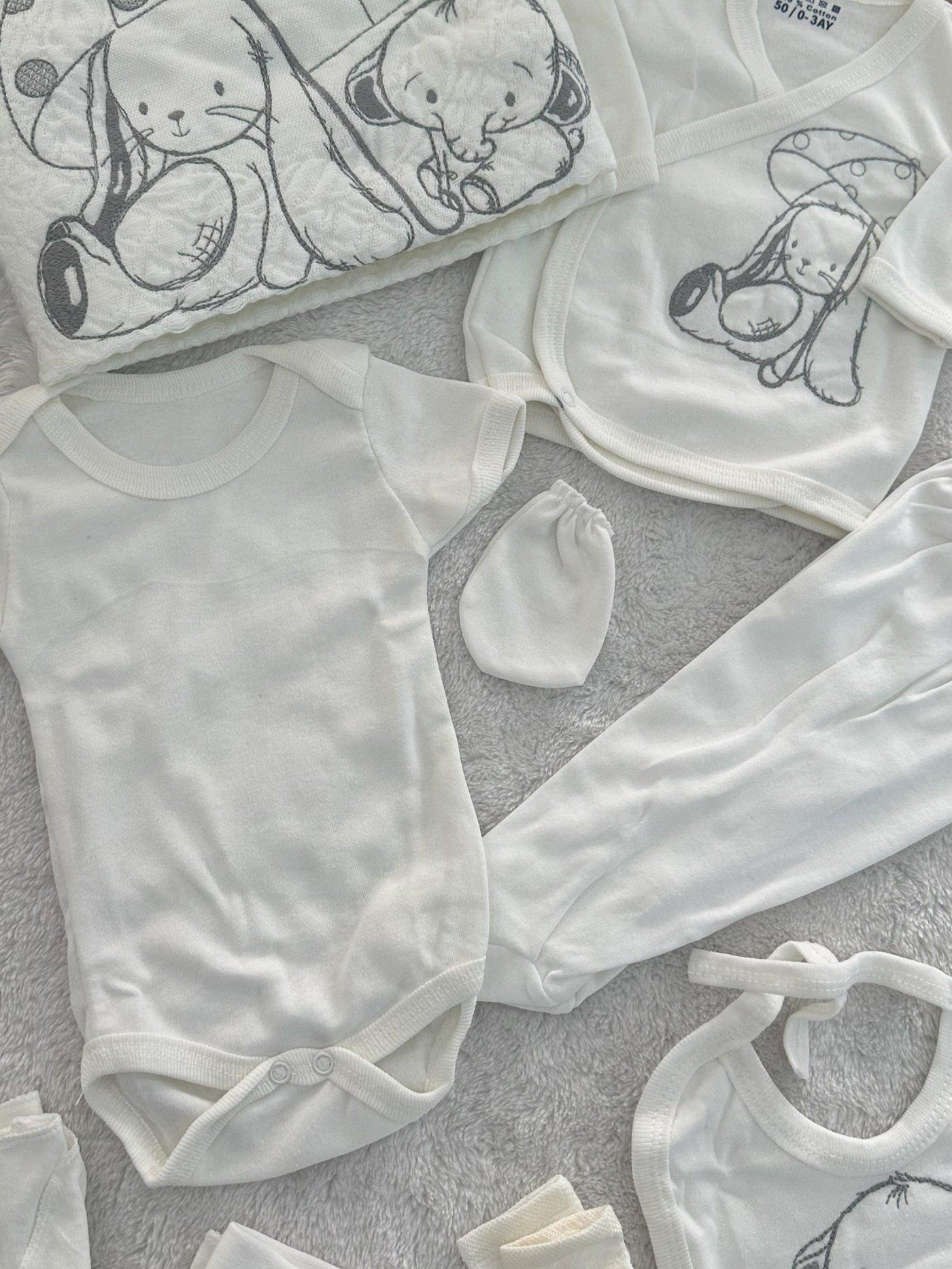 Şemsiyeli Tavşan Fil Nakışlı Unisex Bebek 10lu Hastane Çıkış Seti