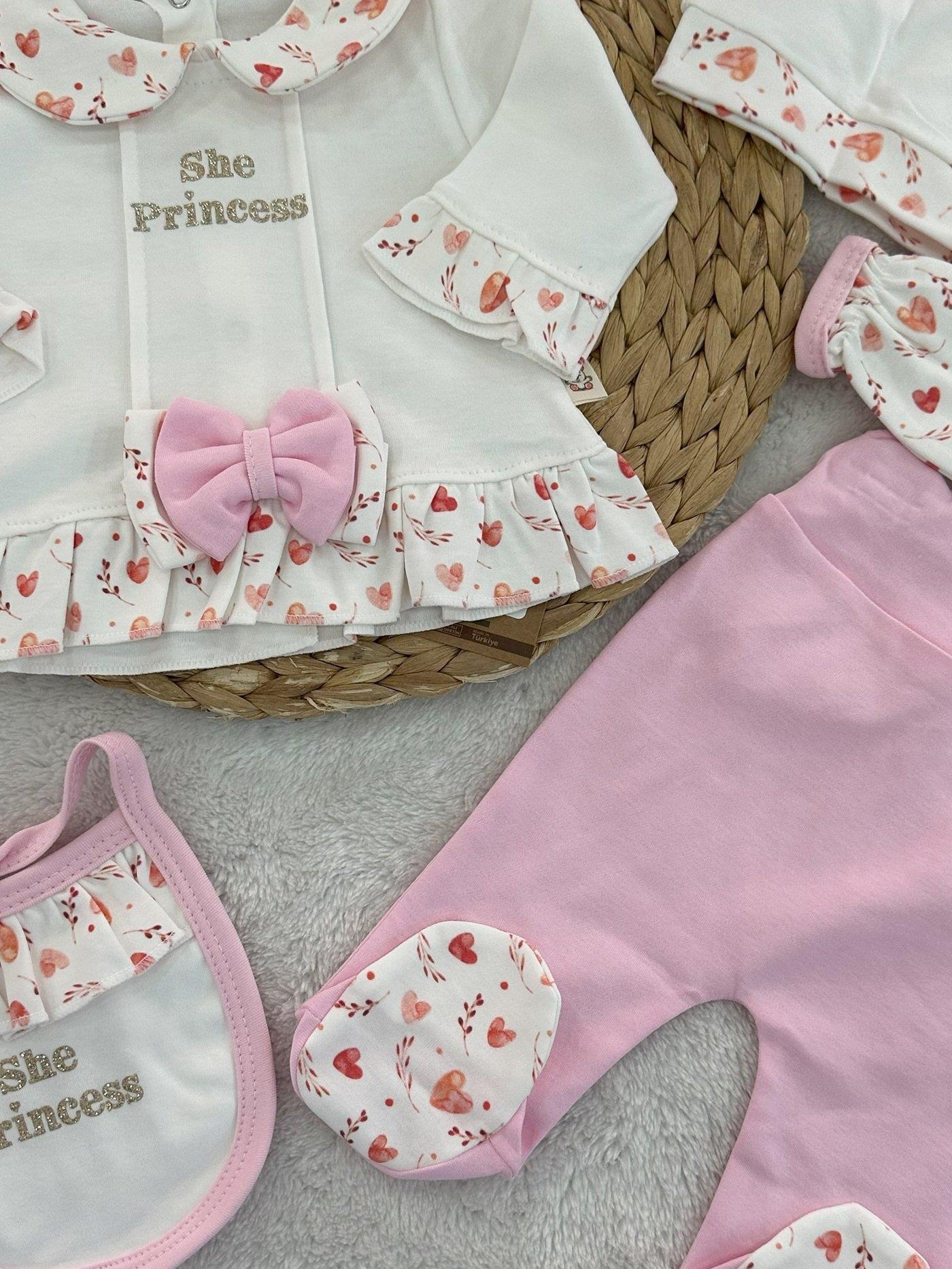 She Princess Yaldız Baskılı Fiyonklu Yenidoğan Kız Bebek 5li Zıbın Set Hastane Çıkışı