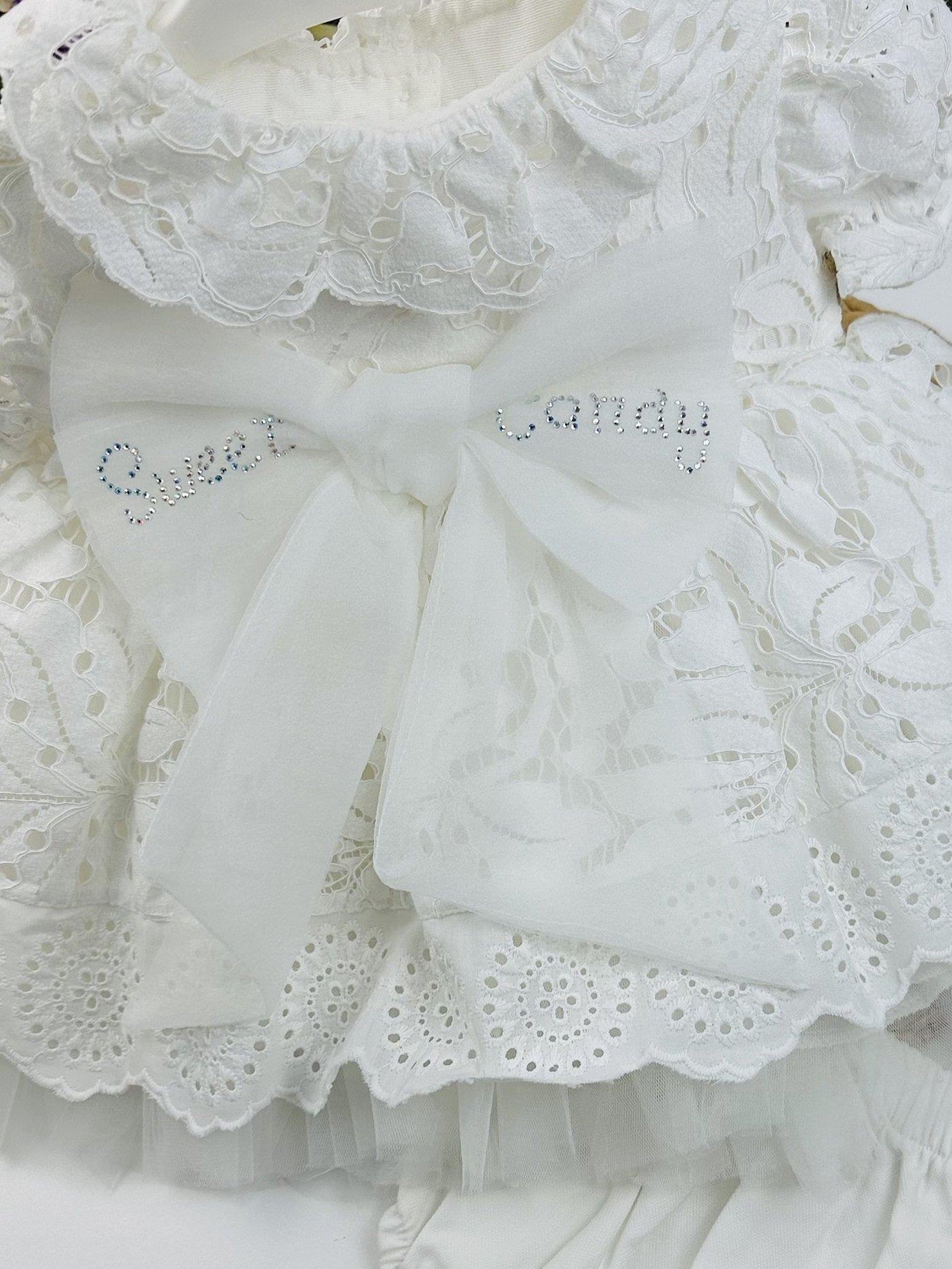 Sweet Candy Fiyonklu Güpürlü Kız Bebek Külotlu Elbise 3-6/6-9/9-12/12-18 Ay