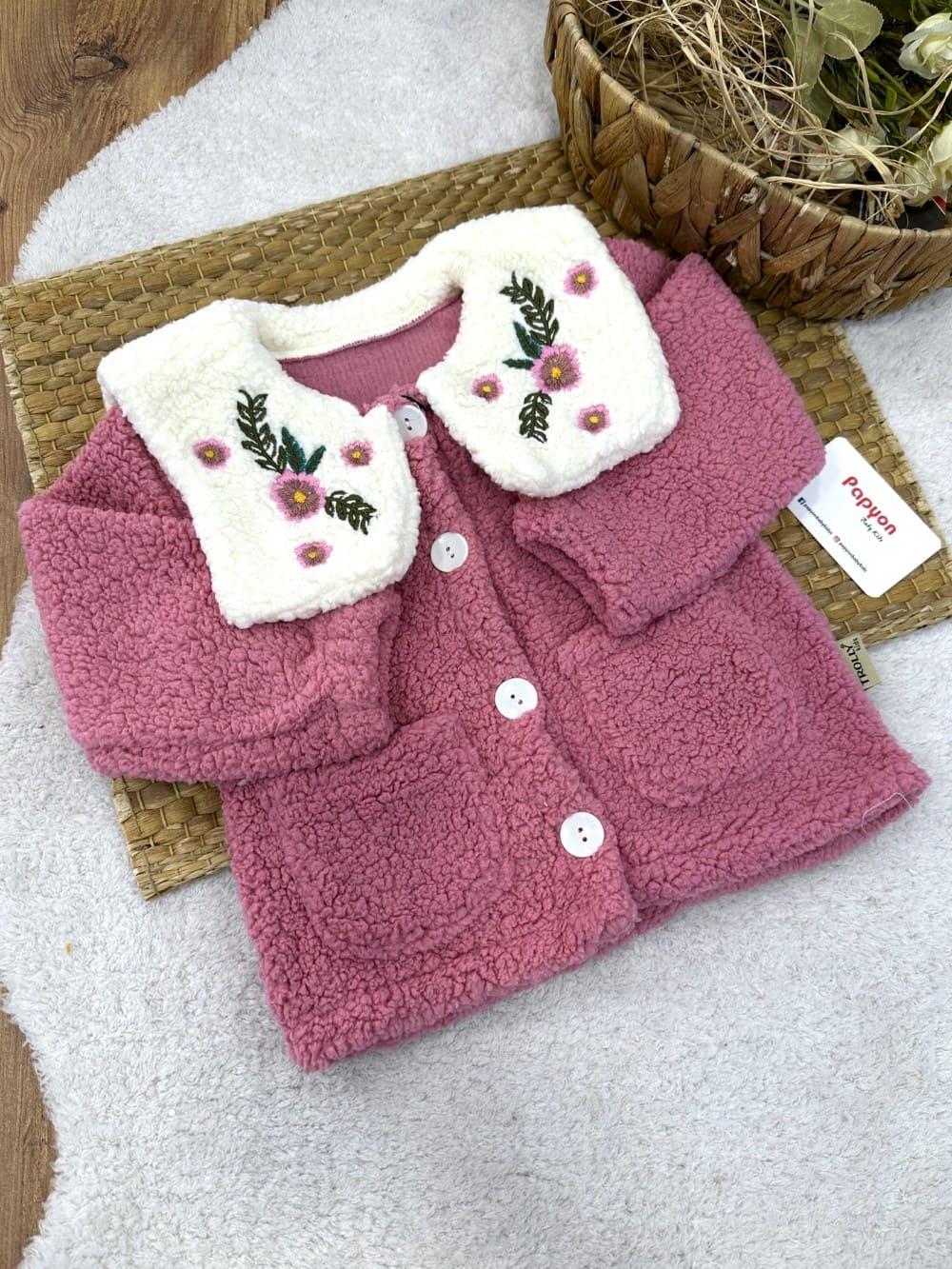 Yaka Çiçek Nakışlı Cepli Kız Bebek Peluş Ceket Hırka (1-2-3 Yaş)