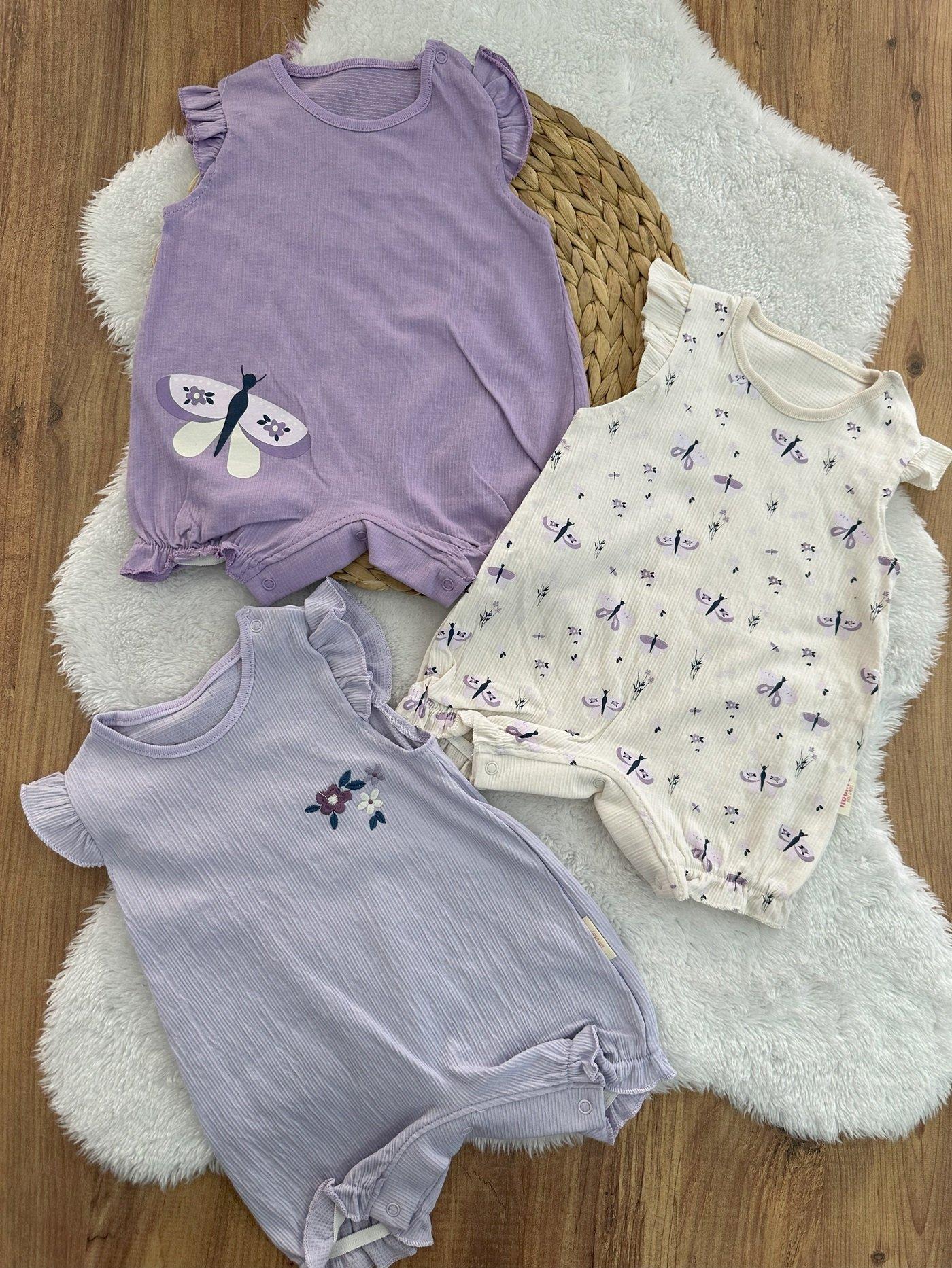 Valenca Çiçek Kelebek Kız Bebek 3lü Yazlık Tulum Set 0-3/3-6 Ay