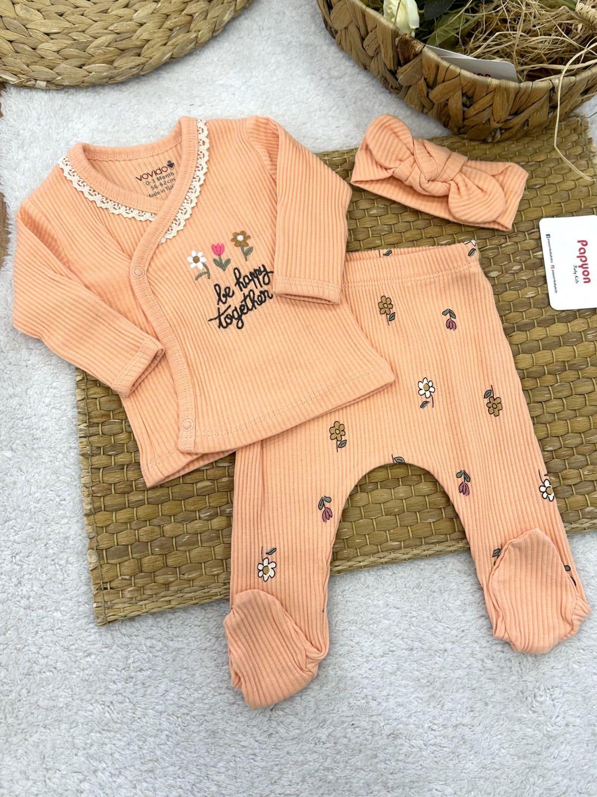 Be Happy Nakışlı Yaka Dantelli Yenidoğan Kız Bebek Natural 3lü Zıbın Set