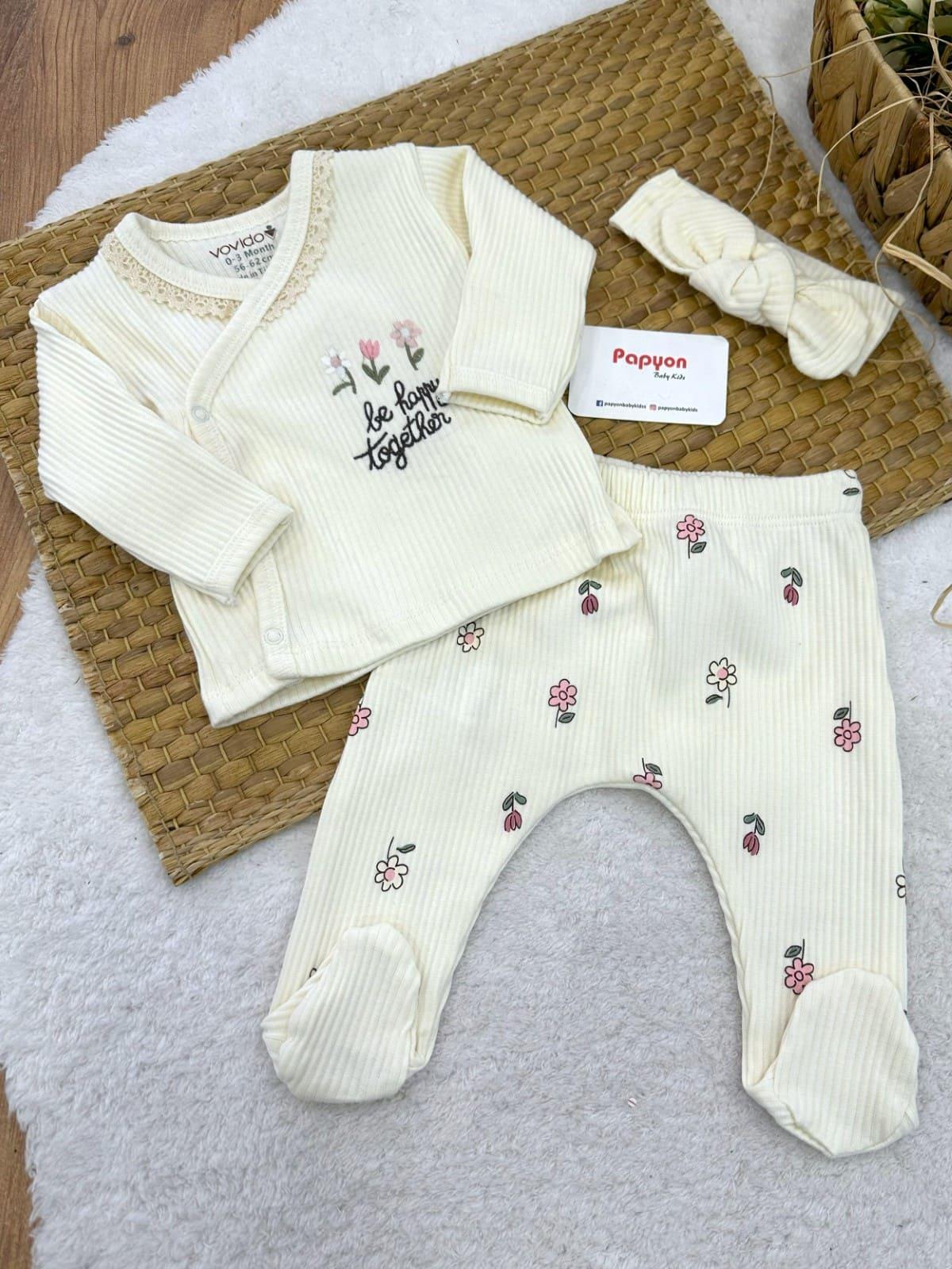 Be Happy Nakışlı Yaka Dantelli Yenidoğan Kız Bebek Natural 3lü Zıbın Set