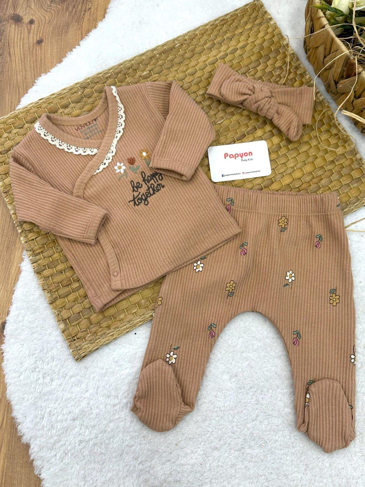 Be Happy Nakışlı Yaka Dantelli Yenidoğan Kız Bebek Natural 3lü Zıbın Set