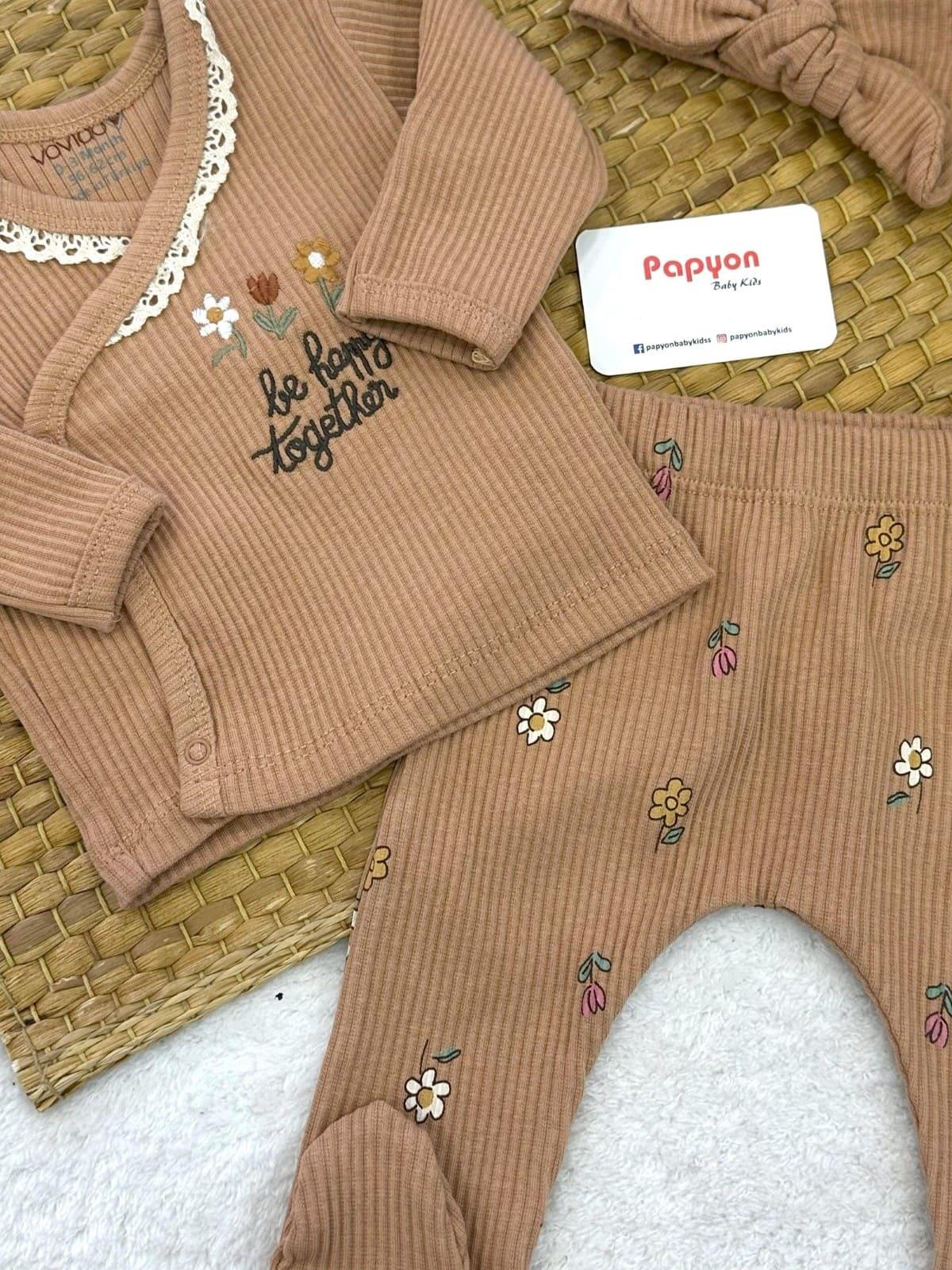 Be Happy Nakışlı Yaka Dantelli Yenidoğan Kız Bebek Natural 3lü Zıbın Set