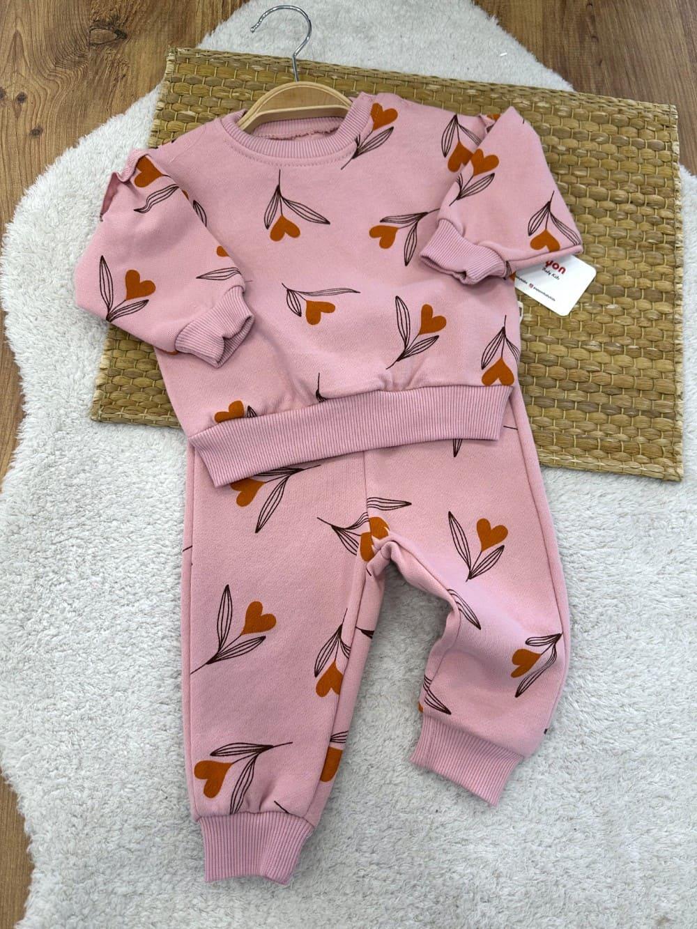 Kalp Yaprak Baskılı Kız Bebek 2li Takım (6-9/9-12/12-18/18-24 Ay)