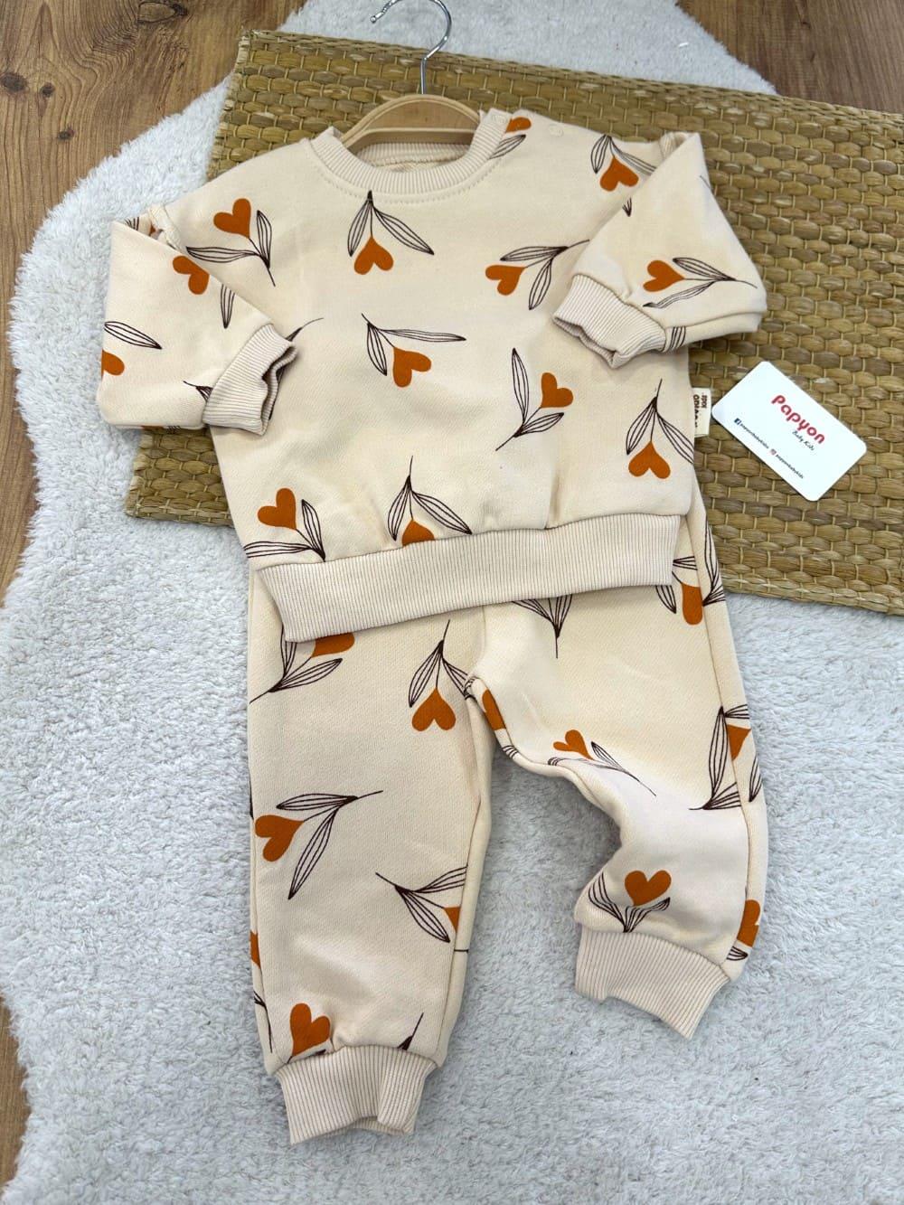Kalp Yaprak Baskılı Kız Bebek 2li Takım (6-9/9-12/12-18/18-24 Ay)