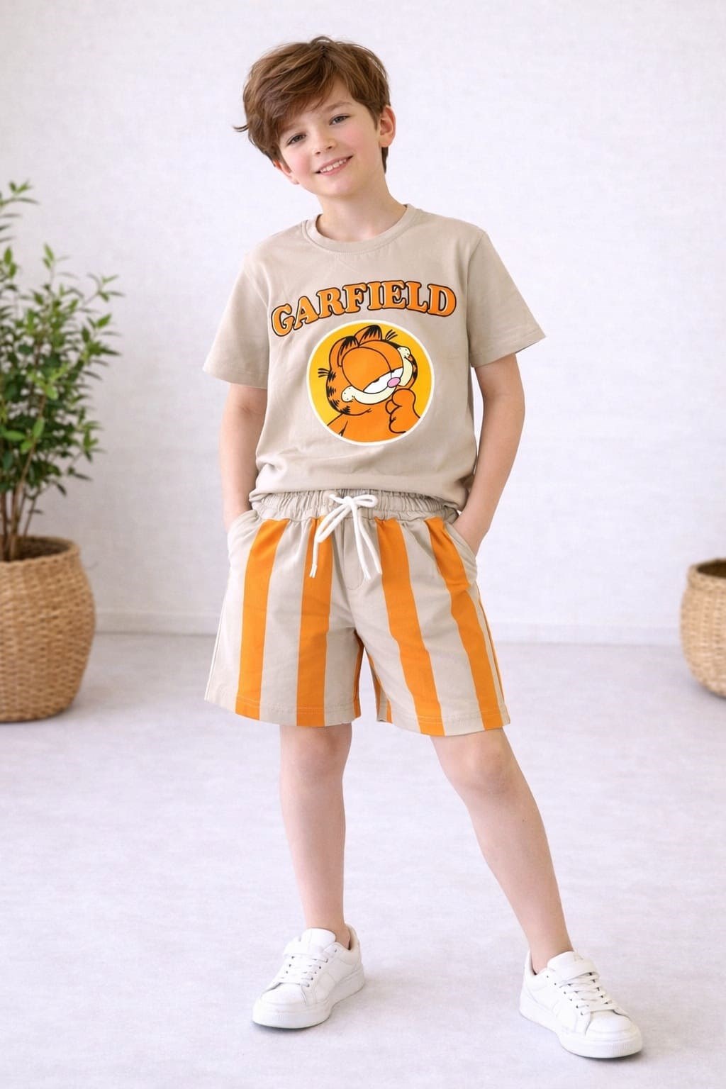 Garfield Baskılı Erkek Çocuk Şortlu Takım (3-4/4-5/5-6/7-8/9-10 Yaş)