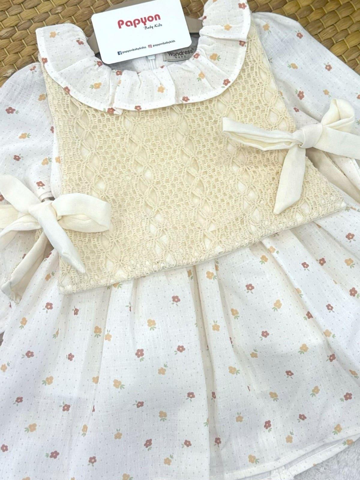 Örgü Önlüklü Çiçek Baskılı Kız Bebek Natural Pinterest Elbise (6-9/9-12/12-18/18-24 Ay)