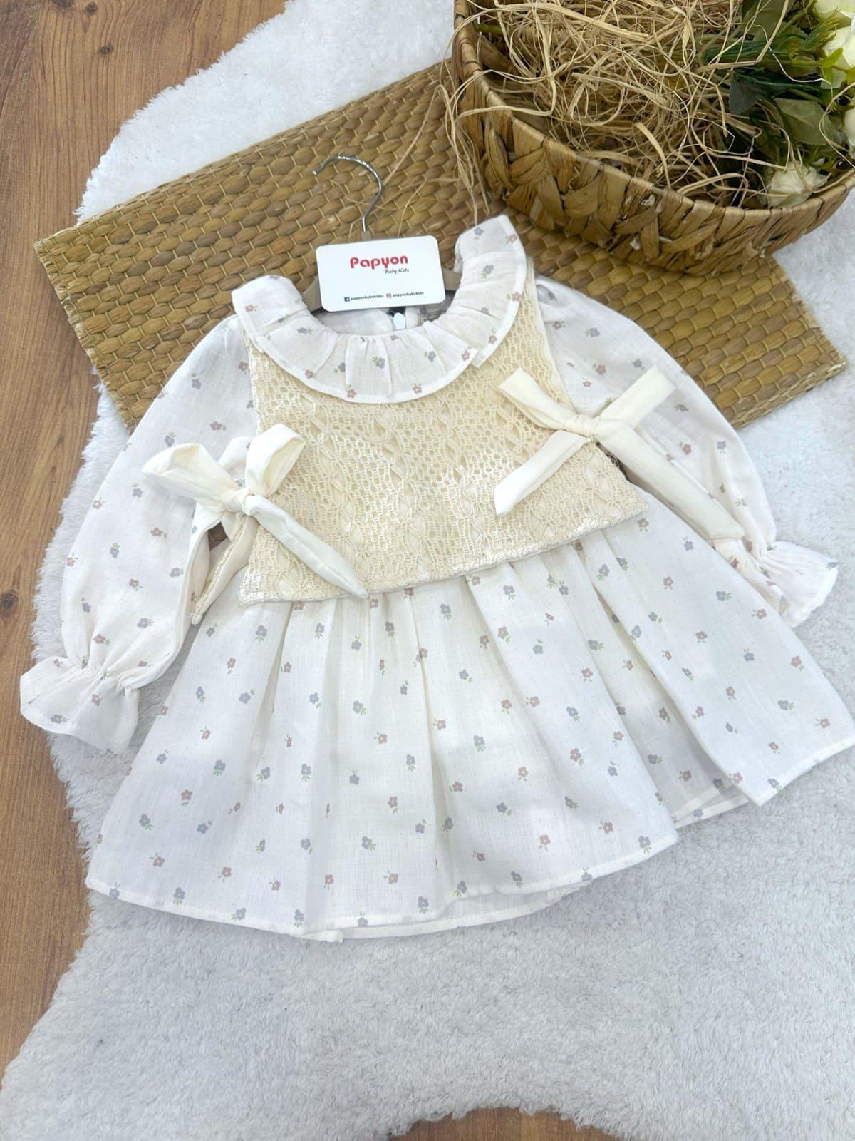 Örgü Önlüklü Çiçek Baskılı Kız Bebek Natural Pinterest Elbise (6-9/9-12/12-18/18-24 Ay)