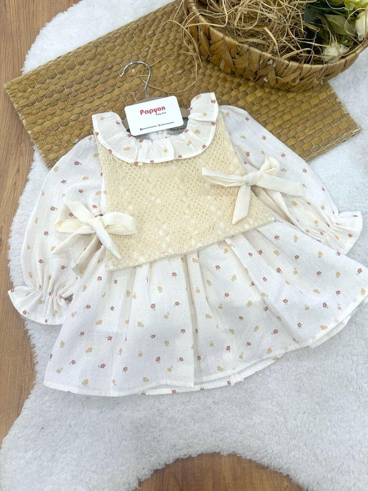 Örgü Önlüklü Çiçek Baskılı Kız Bebek Natural Pinterest Elbise (6-9/9-12/12-18/18-24 Ay)