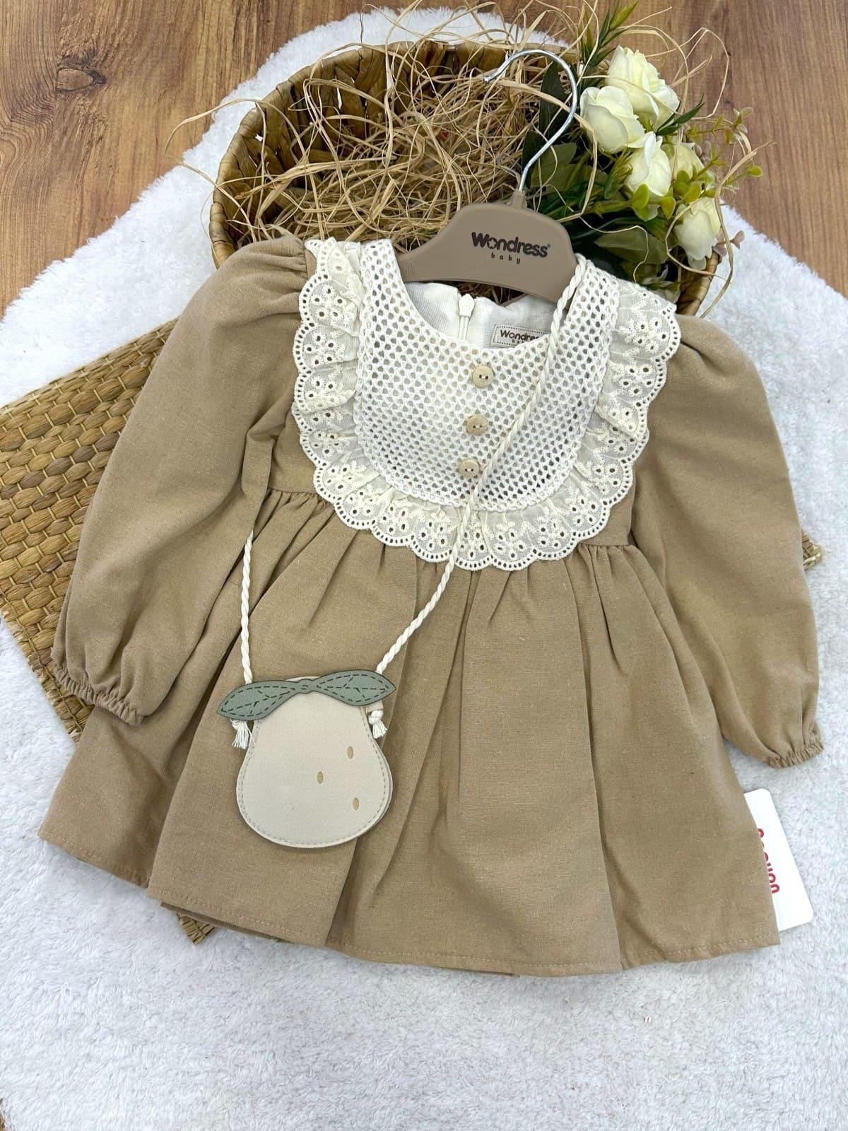 Pamuk Dantelli Çantalı Kız Bebek Natural Keten Elbise (6-9/9-12/12-18/18-24 Ay)