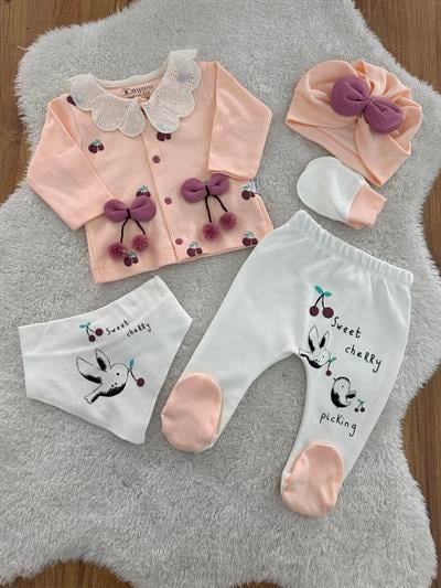 Kirazlı Yenidoğan Kız Bebek 5li Zıbın Set Hastane Çıkışı