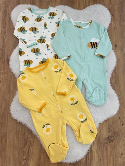 Arı Papatya Baskılı Kız Bebek 3lü Patikli Tulum Set 0-3/3-6/6-9 Ay