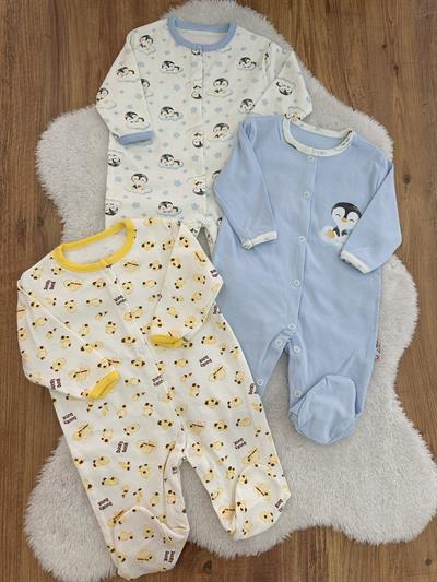 Penguen Ördek Baskılı Erkek Bebek 3lü Patikli Tulum Set 0-3/3-6/6-9 Ay