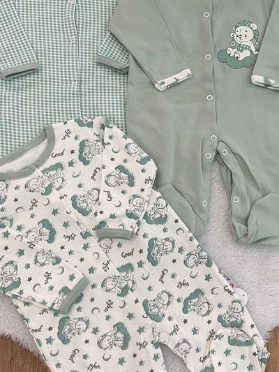 Ayıcıklı Pitikare Baskılı Erkek Bebek 3lü Patikli Tulum Set 0-3/3-6/6-9 Ay