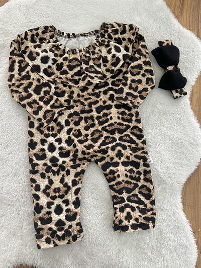 Leopar Model Kız Bebek Patiksiz Tulum Bandana Set 0-3/3-6 Ay