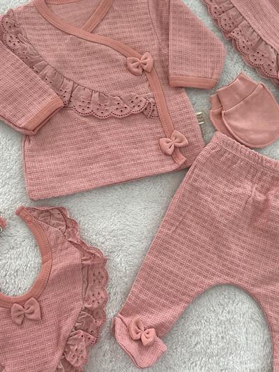 Pretty Girl Güpürlü Fiyonklu Yenidoğan Kız Bebek 5li Zıbın Set