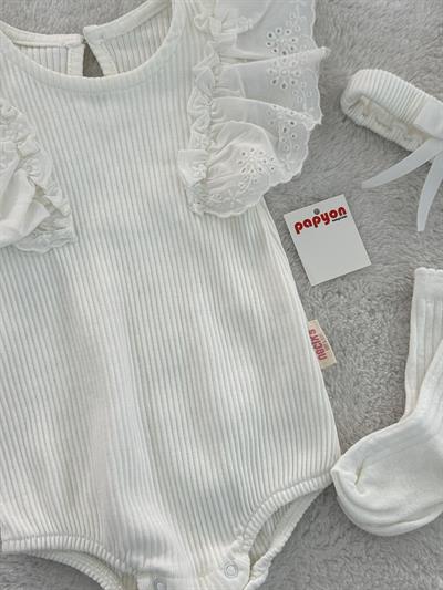 Pune Raporlu Güpürlü Kız Bebek Badi Bandana Çorap Set 0-3/3-6/6-9 Ay
