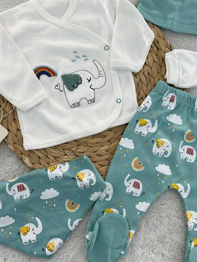 Gökkuşağı Fil Erkek Bebek 5li Zıbın Set Hastane Çıkışı