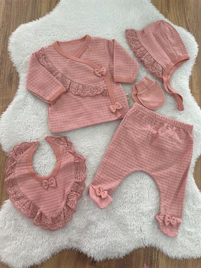 Pretty Girl Güpürlü Fiyonklu Yenidoğan Kız Bebek 5li Zıbın Set