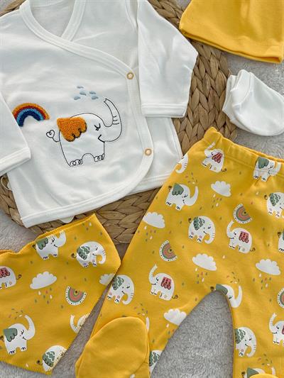 Gökkuşağı Fil Erkek Bebek 5li Zıbın Set Hastane Çıkışı
