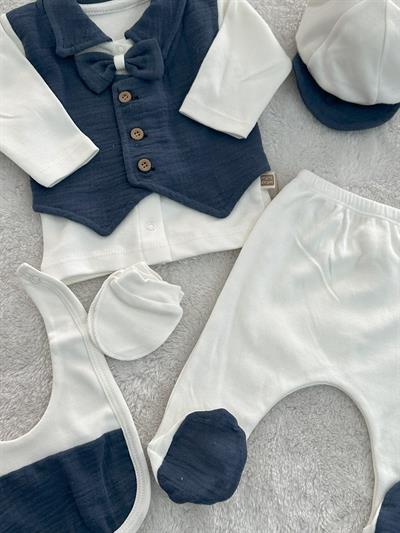 Sahte Yelekli Papyonlu Yenidoğan Erkek Bebek 5li Zıbın Set Hastane Çıkışı