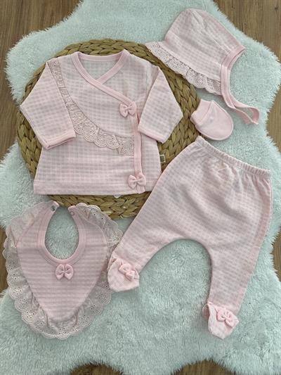 Pretty Girl Güpürlü Fiyonklu Yenidoğan Kız Bebek 5li Zıbın Set