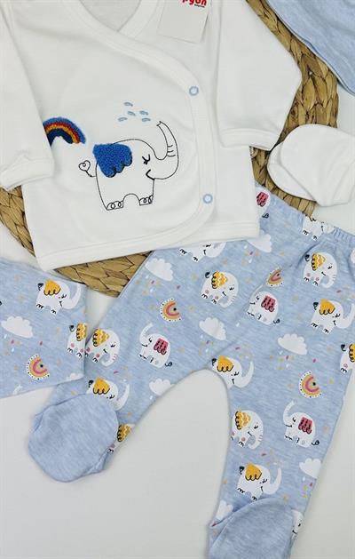 Gökkuşağı Fil Erkek Bebek 5li Zıbın Set Hastane Çıkışı