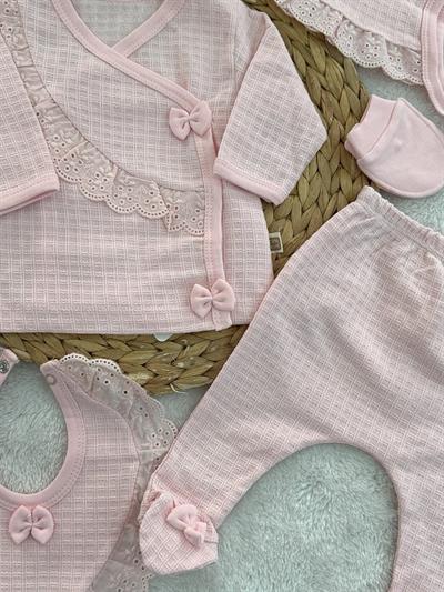 Pretty Girl Güpürlü Fiyonklu Yenidoğan Kız Bebek 5li Zıbın Set