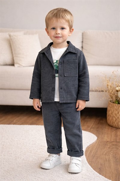 Baskılı Tişörtlü Gömlekli Erkek Bebek 3lü Takım (9-12 Ay/1-2 Yaş/2-3 Yaş/3-4 Yaş)