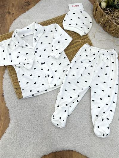 Mini Kalp Baskılı Fitilli Yenidoğan Kız Bebek 3lü Zıbın Takımı (0-3 Ay)