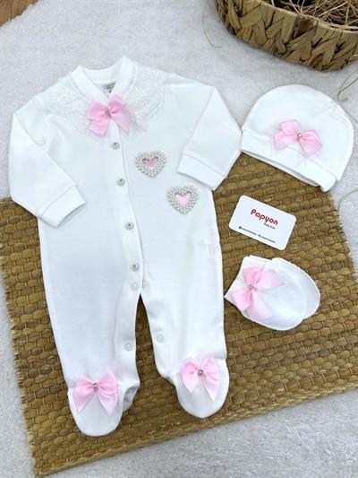 Fiyonklu Dantelli Kalp Taş Baskılı Kız Bebek Tulum Set (0-3/3-6/6-9 Ay)