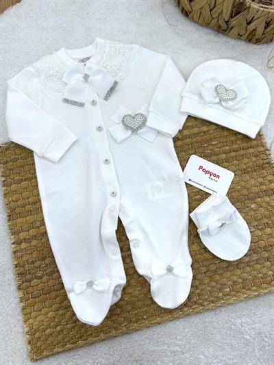 Fiyonklu Dantelli Kalp Taş Baskılı Kız Bebek Tulum Set (0-3/3-6/6-9 Ay)