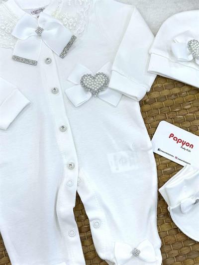 Fiyonklu Dantelli Kalp Taş Baskılı Kız Bebek Tulum Set (0-3/3-6/6-9 Ay)