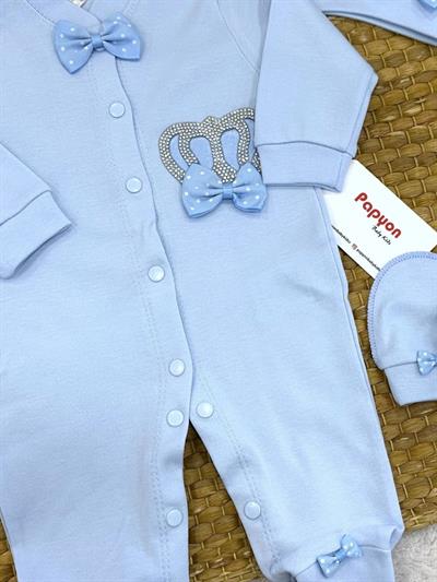 Fiyonklu Taç Taş Baskılı Erkek Bebek Tulum Set (0-3/3-6/6-9 Ay)