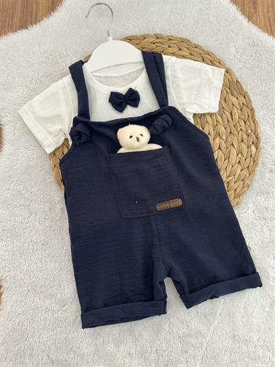 Ayıcıklı Erkek Bebek Keten Salopet Takım 3-6/6-9/9-12 Ay