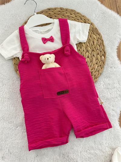 Ayıcıklı Kız Bebek Keten Salopet Takım 3-6/6-9/9-12 Ay