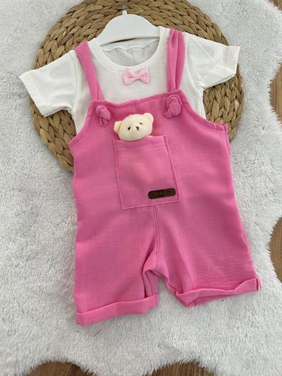 Ayıcıklı Kız Bebek Keten Salopet Takım 3-6/6-9/9-12 Ay