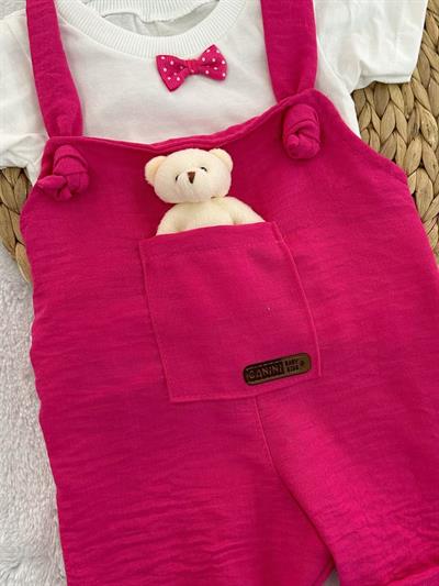 Ayıcıklı Kız Bebek Keten Salopet Takım 3-6/6-9/9-12 Ay