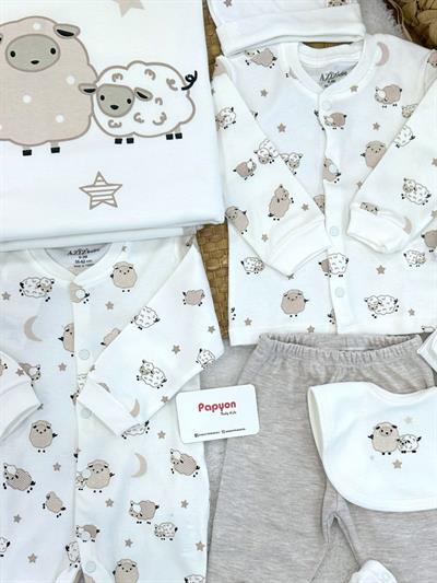 Kuzu Baskılı Tulumlu Yenidoğan Uniseks Bebek 10lu Zıbın Set Hastane Çıkışı