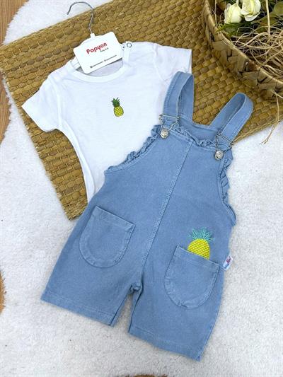Ananaslı Tişörtlü Cepli Kot Salopetli Kız Bebek Takım (6-9/9-12/12-18/18-24 Ay)
