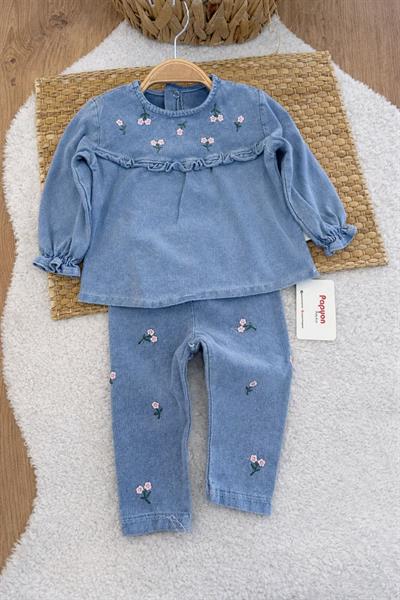 Çiçek Nakışlı Kız Bebek 2li Kot Takım (6-9/9-12/12-18/18-24 Ay)