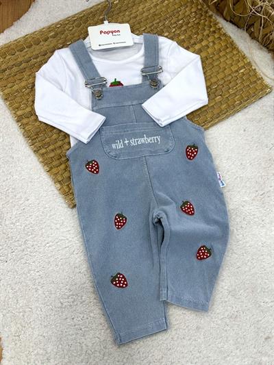 Çilek Baskılı Kot Salopetli Badili Kız Bebek 2li Takım (6-9/9-12/12-18/18-24 Ay)