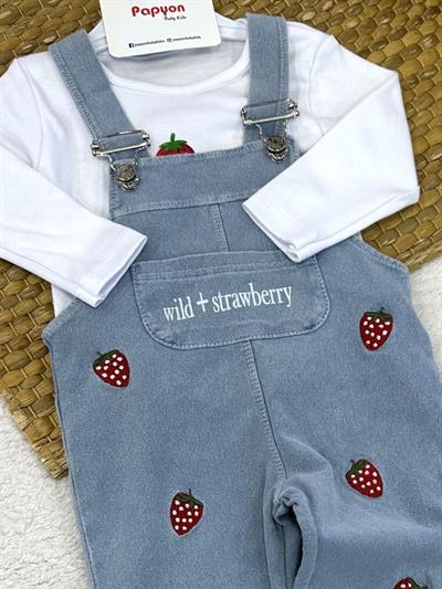 Çilek Baskılı Kot Salopetli Badili Kız Bebek 2li Takım (6-9/9-12/12-18/18-24 Ay)